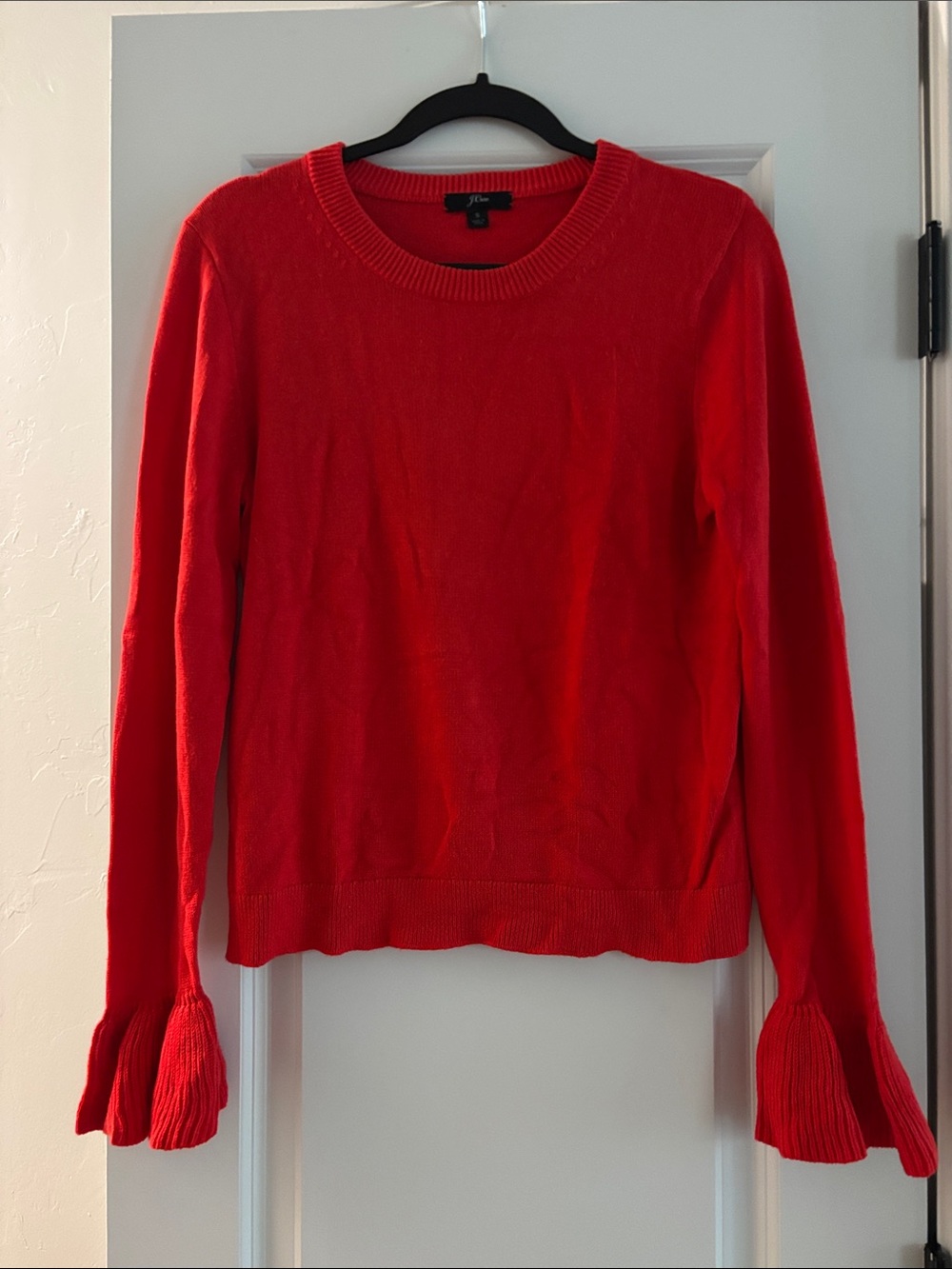 J. Crew Bright Red Crewneck Sweater with Ruffle Cuffs